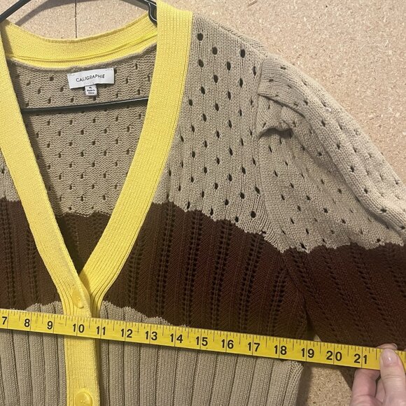 Calligraphie Women’s Cardigan XL Striped Button Front Puff Sleeve Brown V Neck - Picture 5 of 9